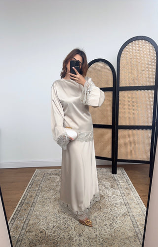Cream lace satin two piece skirt coord- ilham - Fash Focused