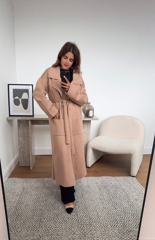 Camel Long cardigan with a belt - Mariana - Fash Focused
