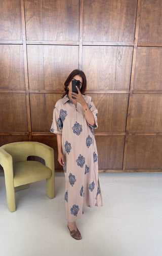 Nude with blue embroidered kaftan- nura