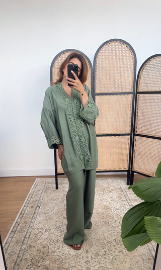Olive crochet kimono coord - abia