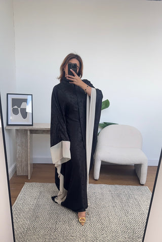 black printed high neck long dress with neck scarf- sia - Fash Focused