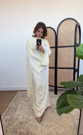 Ivory satin dress with lace scarf - malika - Fash Focused