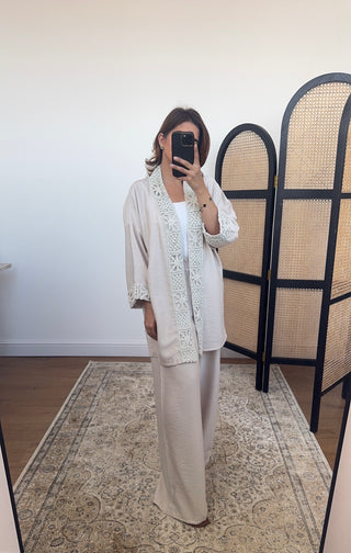 Cream crochet kimono coord - abia - Fash Focused