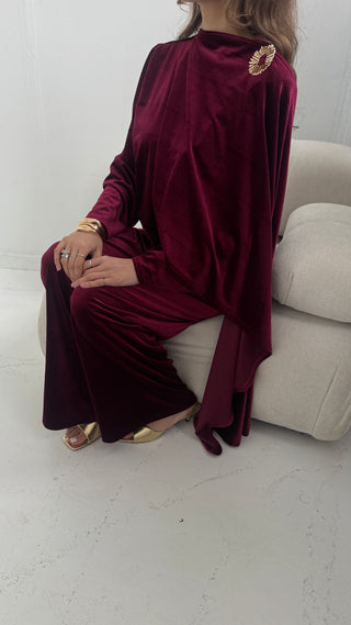 Burgandy velvet scarf coord with gold brooch- nura - Fash Focused