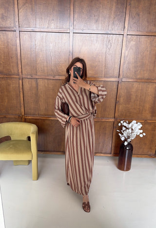 Brown two piece stripe skirt set- tabia