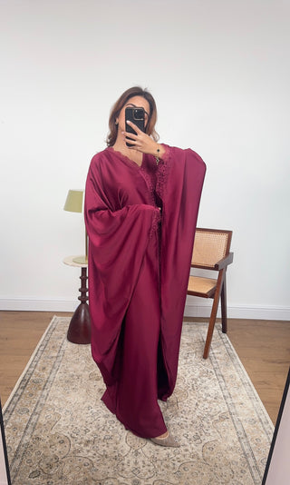 Burgandy butterfly lace detail kaftan- vela - Fash Focused