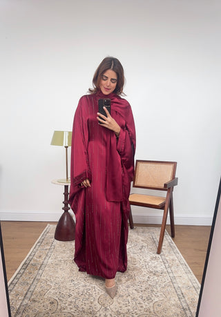 wine diamante abaya with scarf attached- jaia - Fash Focused