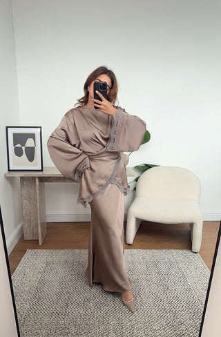 Taupe lace detail wrap skirt coord - elani