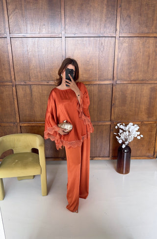 burnt orange silk blend lace trim coord set-suela