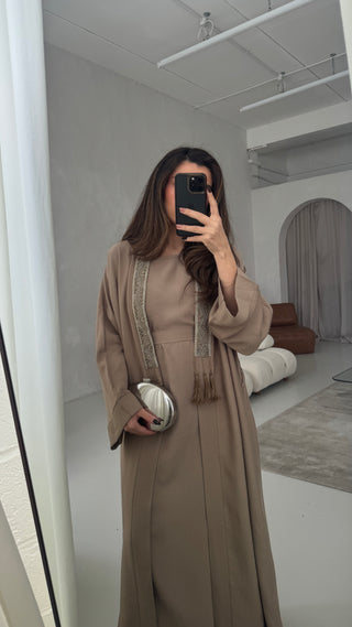 Taupe two piece abaya with embellished details- deema - Fash Focused