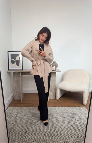 Beige shawl collar cardigan with belt- fana - Fash Focused