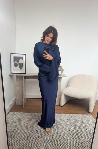 Navy scarf detail fishtail dress- Regina