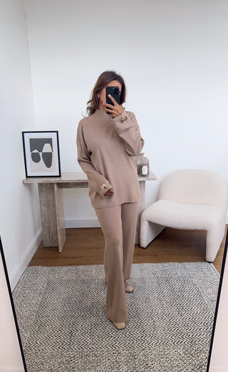 Camel knit coord with gold button- kai - Fash Focused