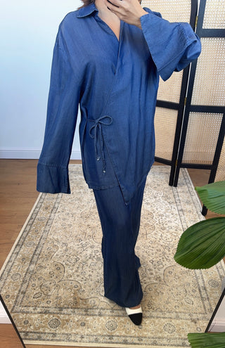 Navy collar denim look wrap over coord- liliana - Fash Focused