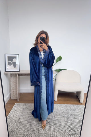 Navy velvet lace abaya- layla - Fash Focused