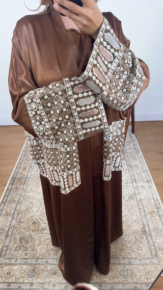 Brown embroidered two piece abaya set- mina - Fash Focused