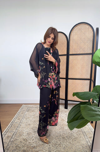Black floral chiffon silk coord- Nita - Fash Focused