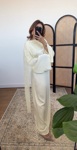 Ivory satin dress with lace scarf - malika - Fash Focused