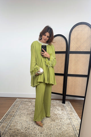 Lime pearl muse set with feather sleeves- jumana - Fash Focused