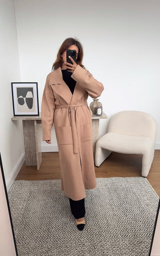 Camel Long cardigan with a belt - Mariana - Fash Focused