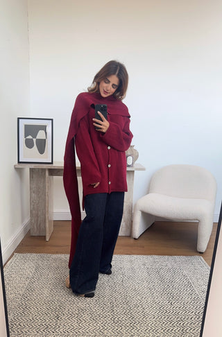 Wine cardigan with scarf attached- hia - Fash Focused