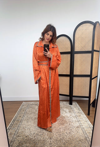 Orange jacquard satin dress with belt- lamar - Fash Focused