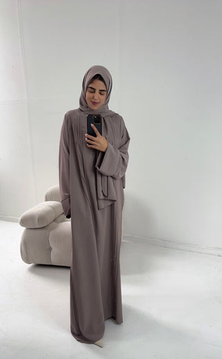 Taupe pleated abaya with scarf attached- hana - Fash Focused