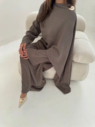 Taupe scarf coord with gold brooch- imani - Fash Focused