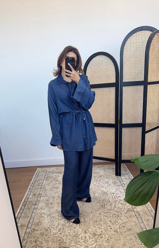 Tie waist denim effect set- yira - Fash Focused