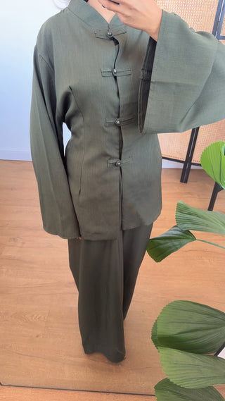 Olive pearl button and wide trouser set