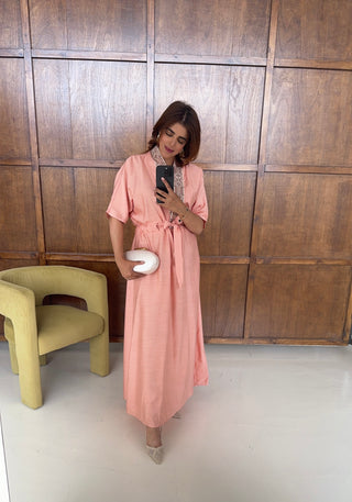 Coral embroidered tie waist dress- nerja