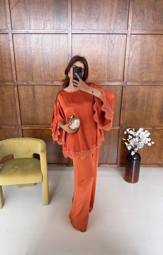 burnt orange silk blend lace trim coord set-suela