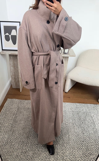 Taupe funnel neck coat with a belt- fana - Fash Focused