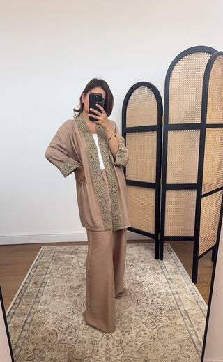 Camel crochet kimono coord - abia - Fash Focused