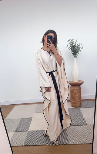 cream kaftan dress with a belt- aya - Fash Focused