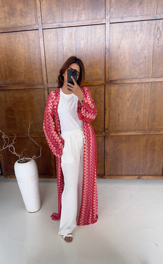 Pink Zigzag crochet kimono with belt- sahi - Fash Focused