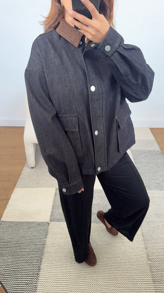 Black denim jacket with corduroy collar- Kaya - Fash Focused