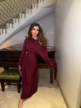 Wine dress with drape scarf- zaria - Fash Focused