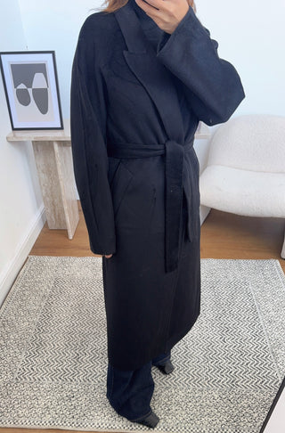 black handmade wool belted coat- marli - Fash Focused