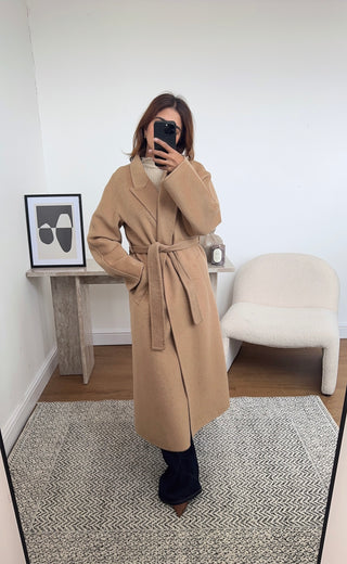 camel handmade wool belted coat- marli - Fash Focused