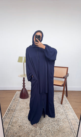 Navy Zipper Abaya with attached scarf - Layli