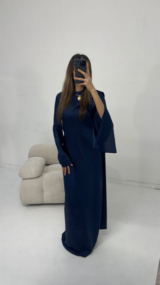 Navy scarf detail fishtail dress- Regina