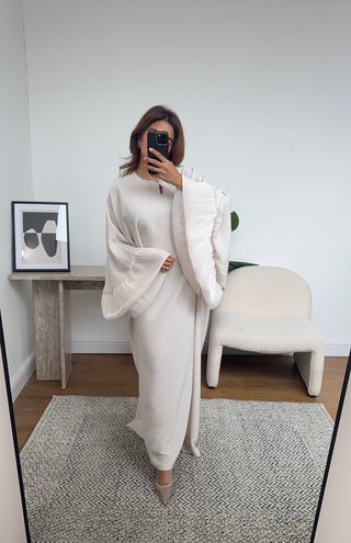 Cream frill kaftan dress with inner tie belt- amina - Fash Focused