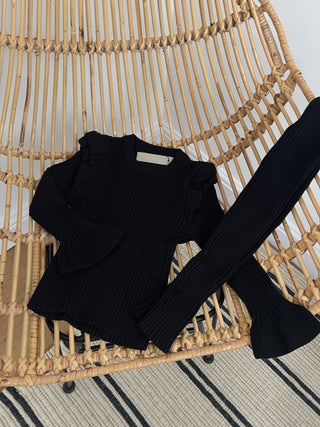Girls knit rib lounge coord in black