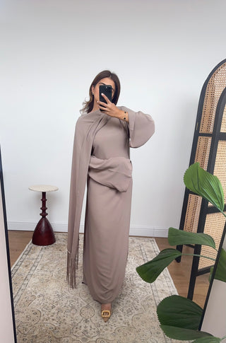 Taupe fringe cape dress- elara