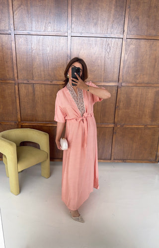 Coral embroidered tie waist dress- nerja