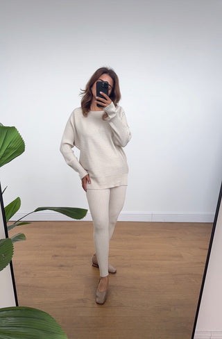 Ivory ribbed modest co-ord full sleeve top and leggings set for autumn comfort wear