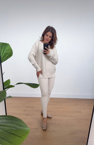 Ivory ribbed modest co-ord full sleeve top and leggings set for autumn comfort wear