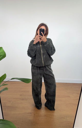 Fash Focused – Olive velvet modest two-piece co-ord – Relaxed winter style